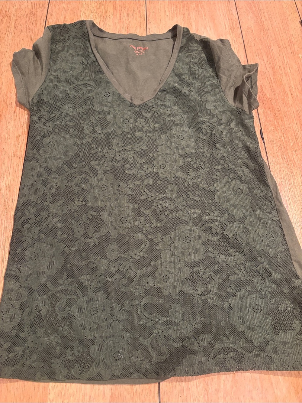 Joe Fresh Olive Green Short Sleeve Lace Overlay V-Neck Top